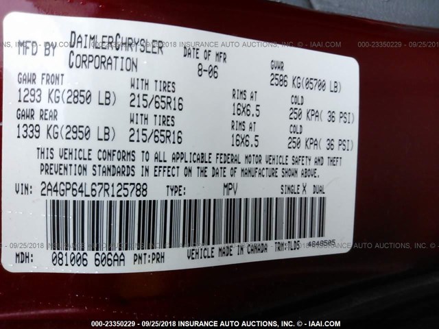 2A4GP64L67R125788 - 2007 CHRYSLER TOWN & COUNTRY LIMITED RED photo 9