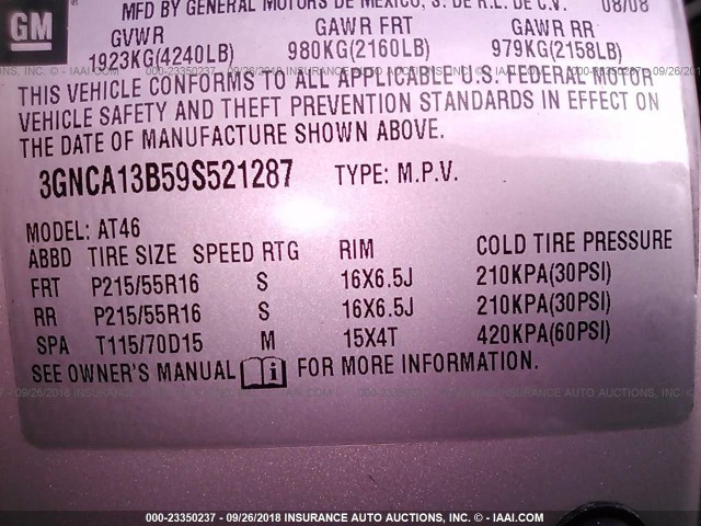 3GNCA13B59S521287 - 2009 CHEVROLET HHR LS ბეჟი ფოტო 9