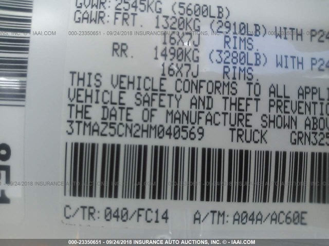 3TMAZ5CN2HM040569 - 2017 TOYOTA TACOMA DBL CAB/SR5/TRD SPORT/OR WHITE photo 9