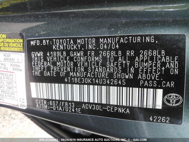 4T1BE30K14U342645 - 2004 TOYOTA CAMRY LE/XLE/SE Жасыл фото 9