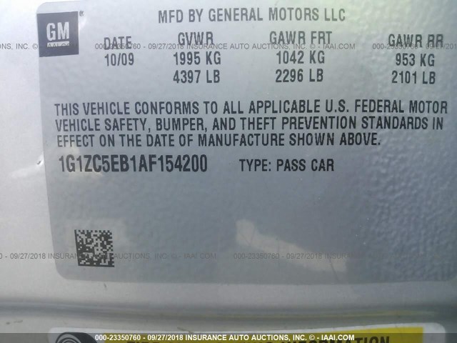 1G1ZC5EB1AF154200 - 2010 CHEVROLET MALIBU 1LT SILVER photo 9