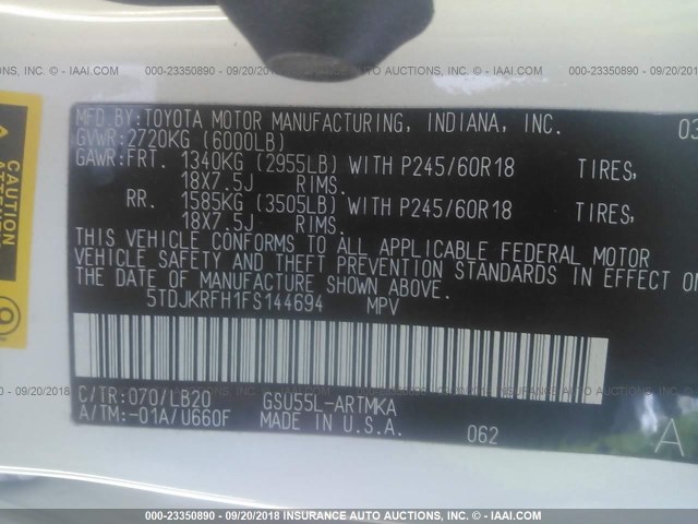 5TDJKRFH1FS144694 - 2015 TOYOTA HIGHLANDER XLE თეთრი ფოტო 9