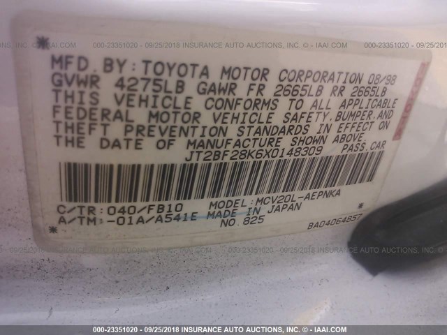 JT2BF28K6X0148309 - 1999 TOYOTA CAMRY LE/XLE 白色 照片 9