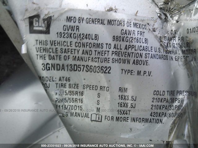 3GNDA13D57S603622 - 2007 CHEVROLET HHR LS Gümüş foto 9