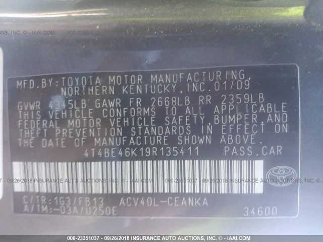4T4BE46K19R135411 - 2009 TOYOTA CAMRY SE/LE/XLE 灰色 照片 9