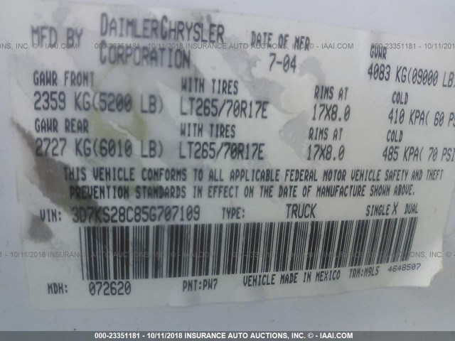3D7KS28C85G707109 - 2005 DODGE RAM 2500 ST/SLT 白色 照片 9