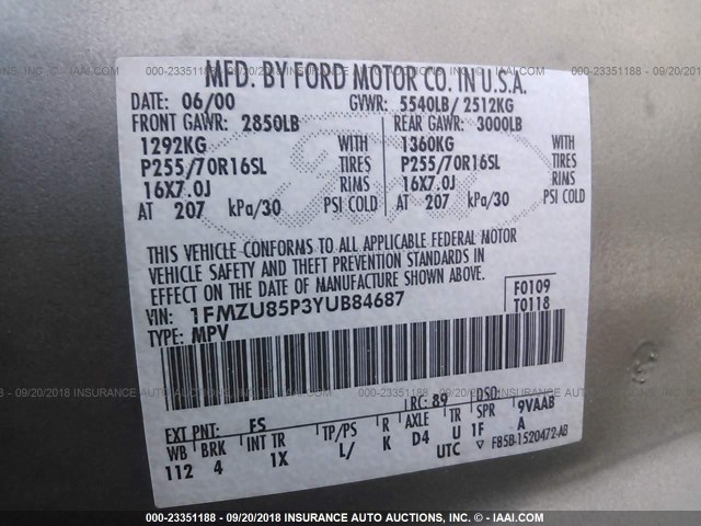 1FMZU85P3YUB84687 - 2000 FORD EXPLORER LIMITED GREEN photo 9