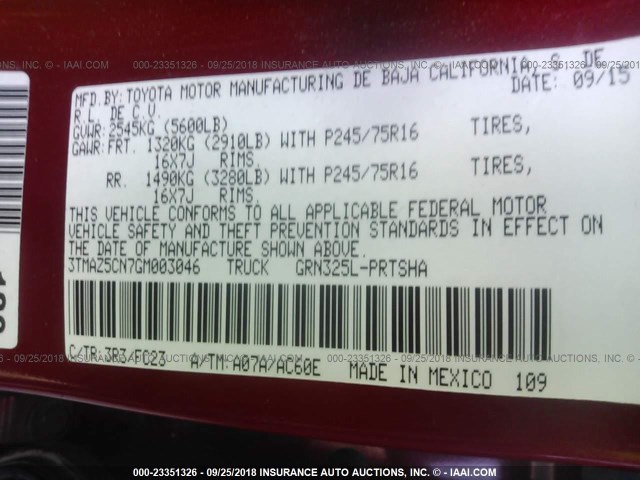 3TMAZ5CN7GM003046 - 2016 TOYOTA TACOMA DBL CAB/SR5/TRD SPORT/OR RED photo 9