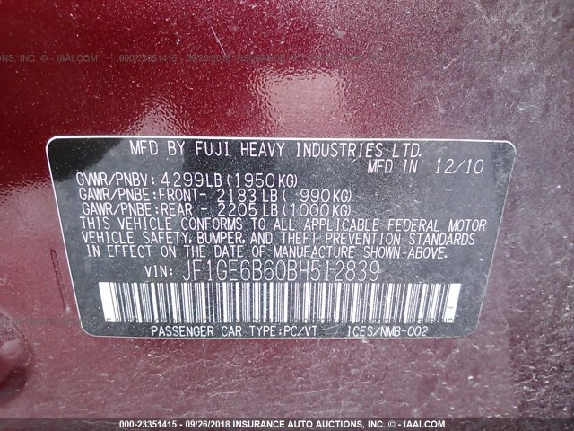 JF1GE6B60BH512839 - 2011 SUBARU IMPREZA 2.5I PREMIUM RED photo 9