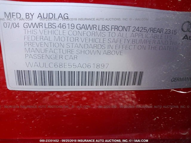 WAULC68E55A061897 - 2005 AUDI A4 1.8T QUATTRO/SPECIAL RED photo 9