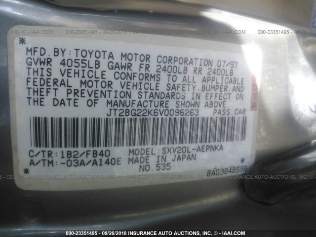 JT2BG22K6V0096263 - 1997 TOYOTA CAMRY LE/XLE GRAY photo 9