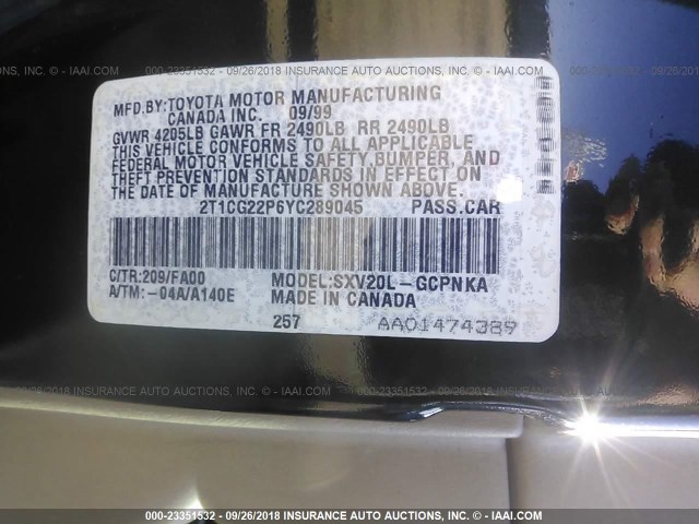 2T1CG22P6YC289045 - 2000 TOYOTA CAMRY SOLARA SE BLACK photo 9