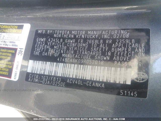4T4BE46K09R052018 - 2009 TOYOTA CAMRY SE/LE/XLE GRAY photo 9