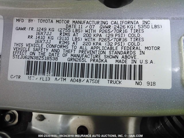 5TEJU62N38Z518538 - 2008 TOYOTA TACOMA DOUBLE CAB PRERUNNER SILVER photo 9