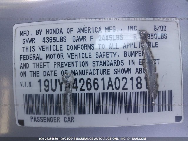 19UYA42661A021814 - 2001 ACURA 3.2CL TYPE-S SILVER photo 9