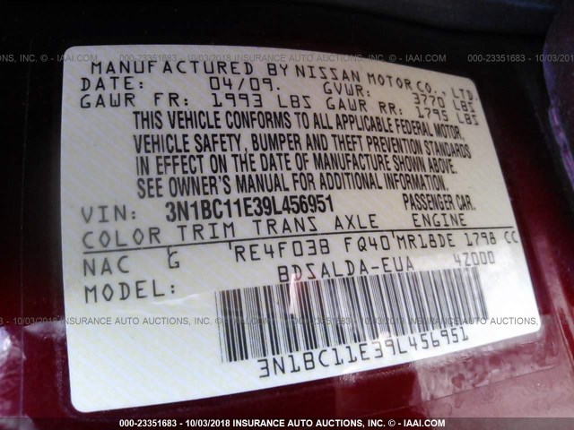 3N1BC11E39L456951 - 2009 NISSAN VERSA S/SL RED photo 9