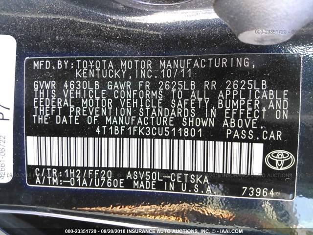 4T1BF1FK3CU511801 - 2012 TOYOTA CAMRY SE/LE/XLE 深蓝色 照片 9