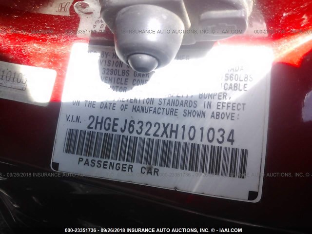 2HGEJ6322XH101034 - 1999 HONDA CIVIC CX RED photo 9