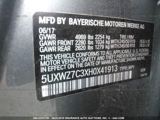 5UXWZ7C3XH0X41913 - 2017 BMW X3 SDRIVE28I GRAY photo 9