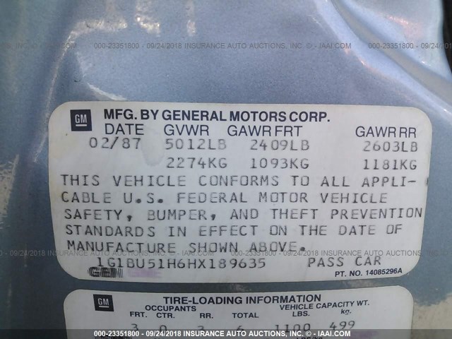 1G1BU51H6HX189635 - 1987 CHEVROLET CAPRICE CLASSIC BROUGHAM Light Blue photo 9