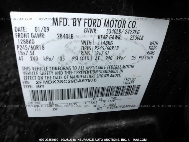 2FMDK38C29BA67976 - 2009 FORD EDGE SEL BLACK photo 9