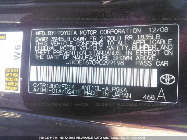 JTKDE167090299198 - 2009 TOYOTA SCION TC MAROON photo 9