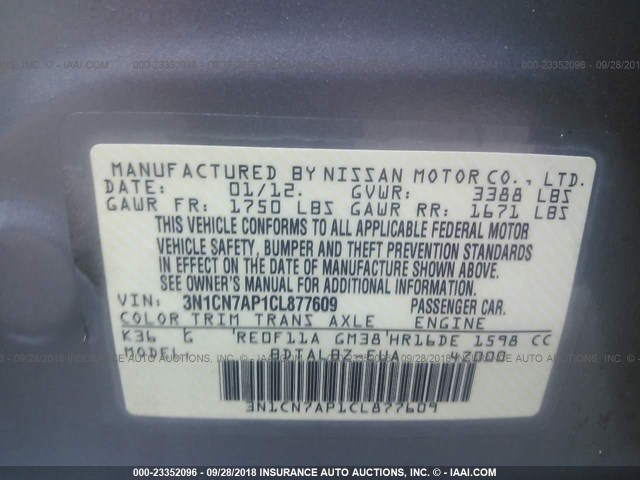 3N1CN7AP1CL877609 - 2012 NISSAN VERSA S/SV/SL SILVER photo 9