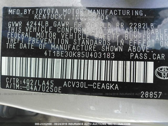 4T1BE30K85U403183 - 2005 TOYOTA CAMRY LE/XLE/SE Бежевый фото 9