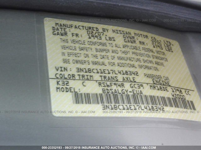 3N1BC11E17L418342 - 2007 NISSAN VERSA S/SL TAN photo 9