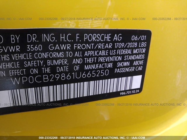 WP0CB29861U665250 - 2001 PORSCHE BOXSTER S YELLOW photo 9