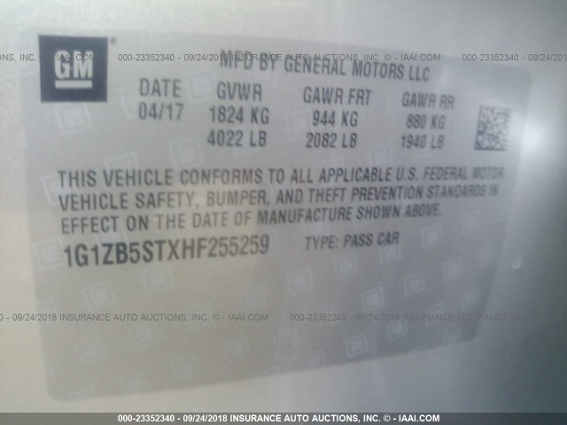 1G1ZB5STXHF255259 - 2017 CHEVROLET MALIBU LS 银色 照片 9