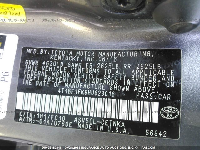 4T1BF1FK8HU623016 - 2017 TOYOTA CAMRY LE/XLE/SE/XSE GRAY photo 9