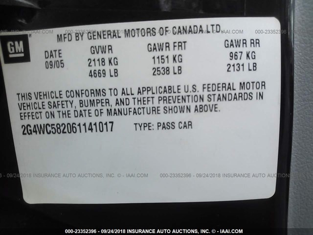 2G4WC582061141017 - 2006 BUICK LACROSSE CX BLACK photo 9