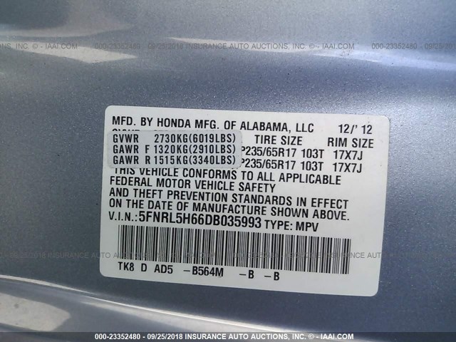 5FNRL5H66DB035993 - 2013 HONDA ODYSSEY EXL BLUE photo 9