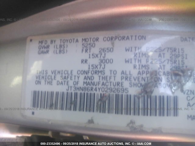 JT3HN86R4Y0292695 - 2000 TOYOTA 4RUNNER SR5 SILVER photo 9