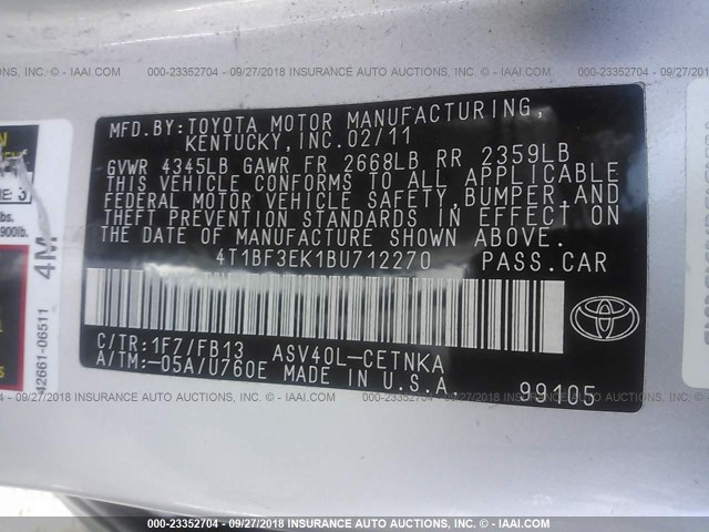 4T1BF3EK1BU712270 - 2011 TOYOTA CAMRY SE/LE/XLE ვერცხლისფერი ფოტო 9