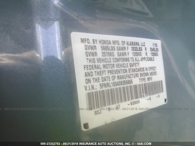 5FNRL18043B056666 - 2003 HONDA ODYSSEY EXL Light Blue photo 9