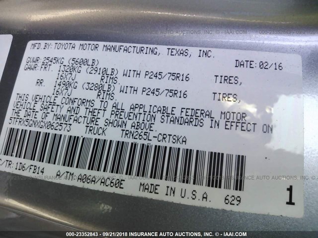 5TFRX5GNXGX062573 - 2016 TOYOTA TACOMA ACCESS CAB/SR/SR5 银色 照片 9