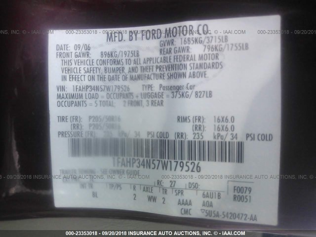 1FAHP34N57W179526 - 2007 FORD FOCUS ZX4/S/SE/SES Бордовый фото 9