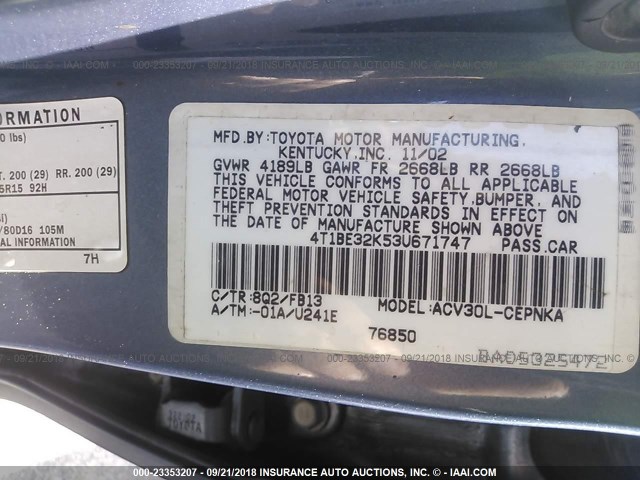 4T1BE32K53U671747 - 2003 TOYOTA CAMRY LE/XLE/SE Көк фото 9