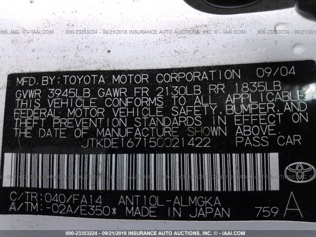 JTKDE167150021422 - 2005 TOYOTA SCION TC 白色 照片 9