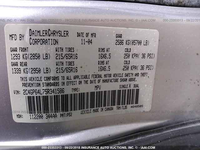 2C4GP64L75R341586 - 2005 CHRYSLER TOWN & COUNTRY LIMITED SILVER photo 9