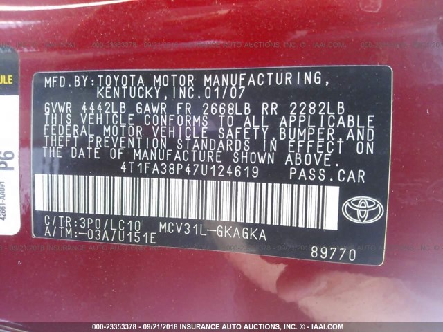 4T1FA38P47U124619 - 2007 TOYOTA CAMRY SOLARA SE/SLE Qırmızı foto 9