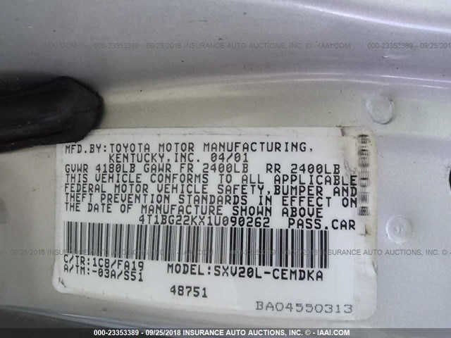 4T1BG22KX1U090262 - 2001 TOYOTA CAMRY CE/LE/XLE 银色 照片 9