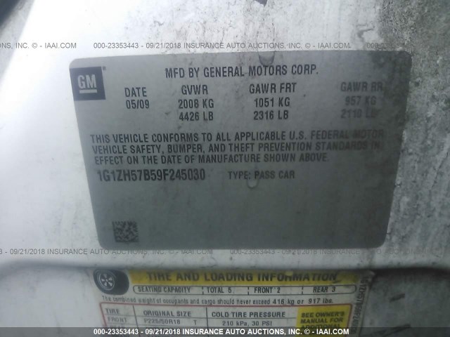 1G1ZH57B59F245030 - 2009 CHEVROLET MALIBU 1LT თეთრი ფოტო 9