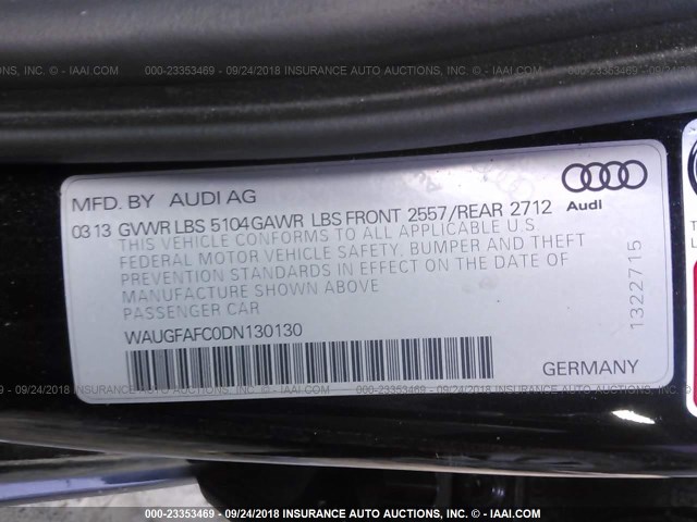 WAUGFAFC0DN130130 - 2013 AUDI A6 PREMIUM PLUS BLACK photo 9