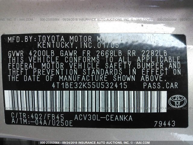4T1BE32K55U532415 - 2005 TOYOTA CAMRY LE/XLE/SE Bej foto 9