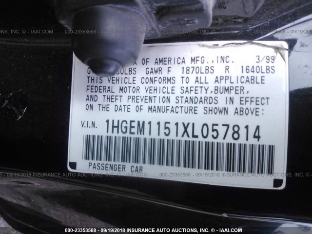 1HGEM1151XL057814 - 1999 HONDA CIVIC SI/SIR BLACK photo 9