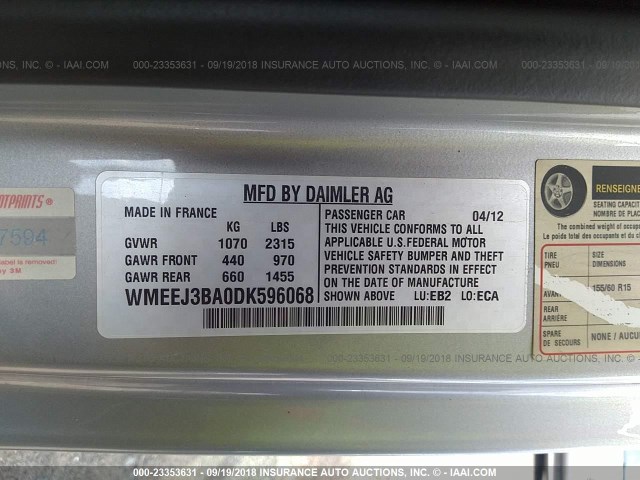 WMEEJ3BA0DK596068 - 2013 SMART FORTWO PURE/PASSION BLACK photo 9