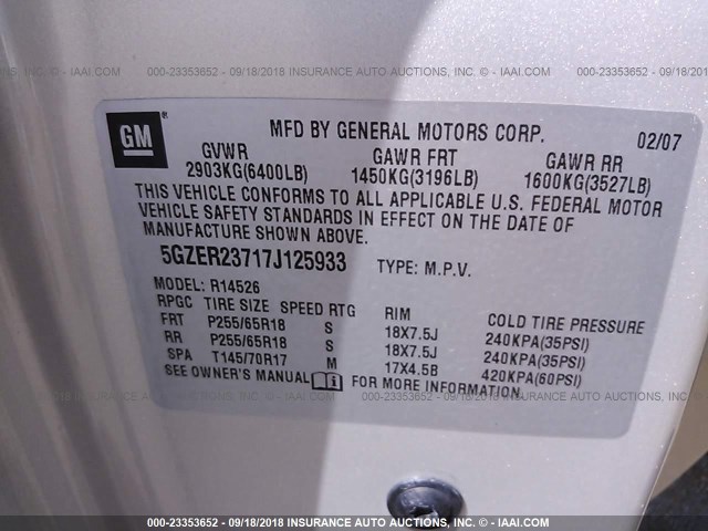 5GZER23717J125933 - 2007 SATURN OUTLOOK XR ბეჟი ფოტო 9